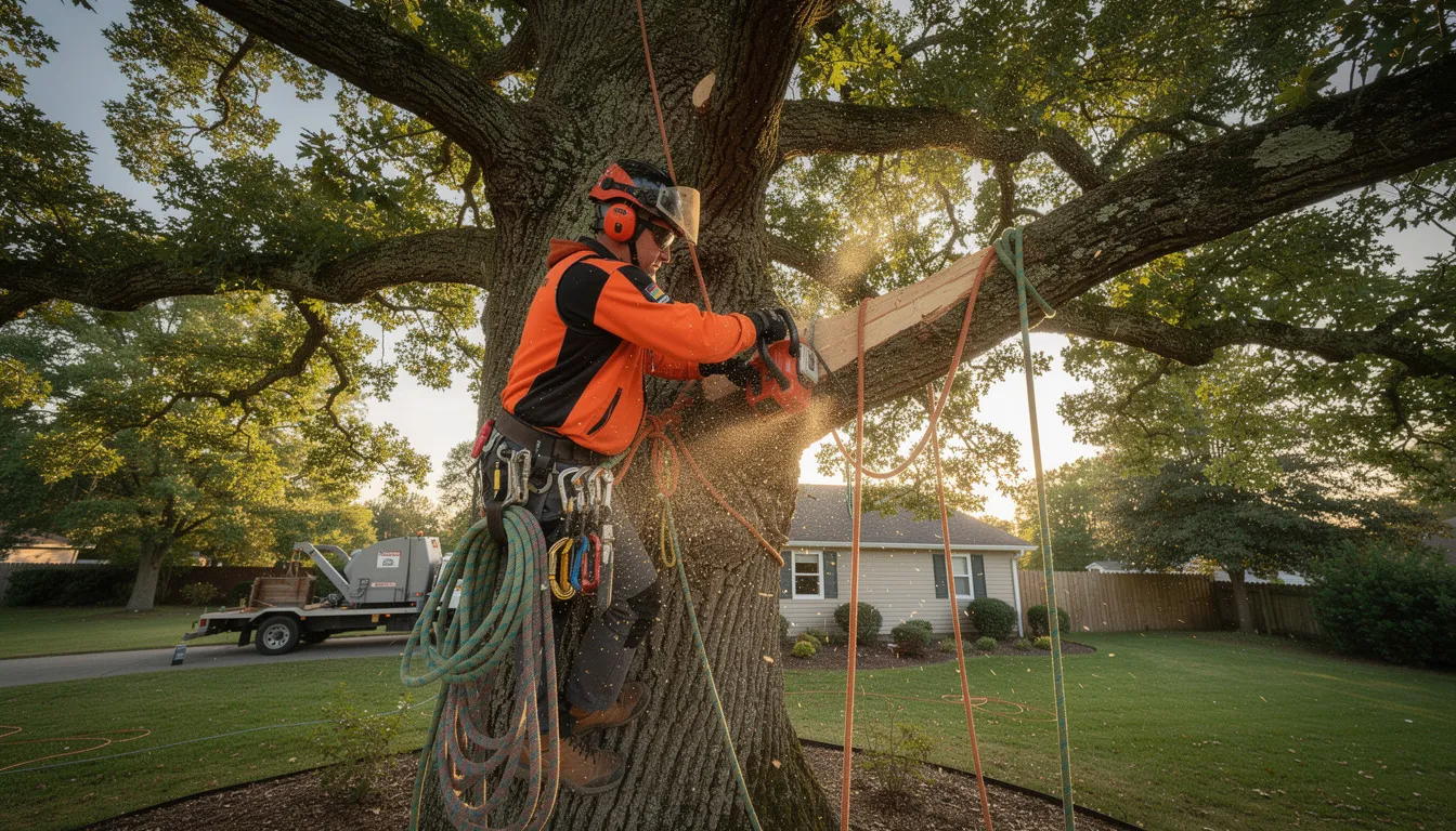 En arborist arbetar med trädvård och trädfällning, och klättrar ofta högt upp i träden för att utföra sitt arbete. I bilden syns en arborist som säkert fäller en stor gren från ett träd, vilket kräver både kunskap och erfarenhet.
