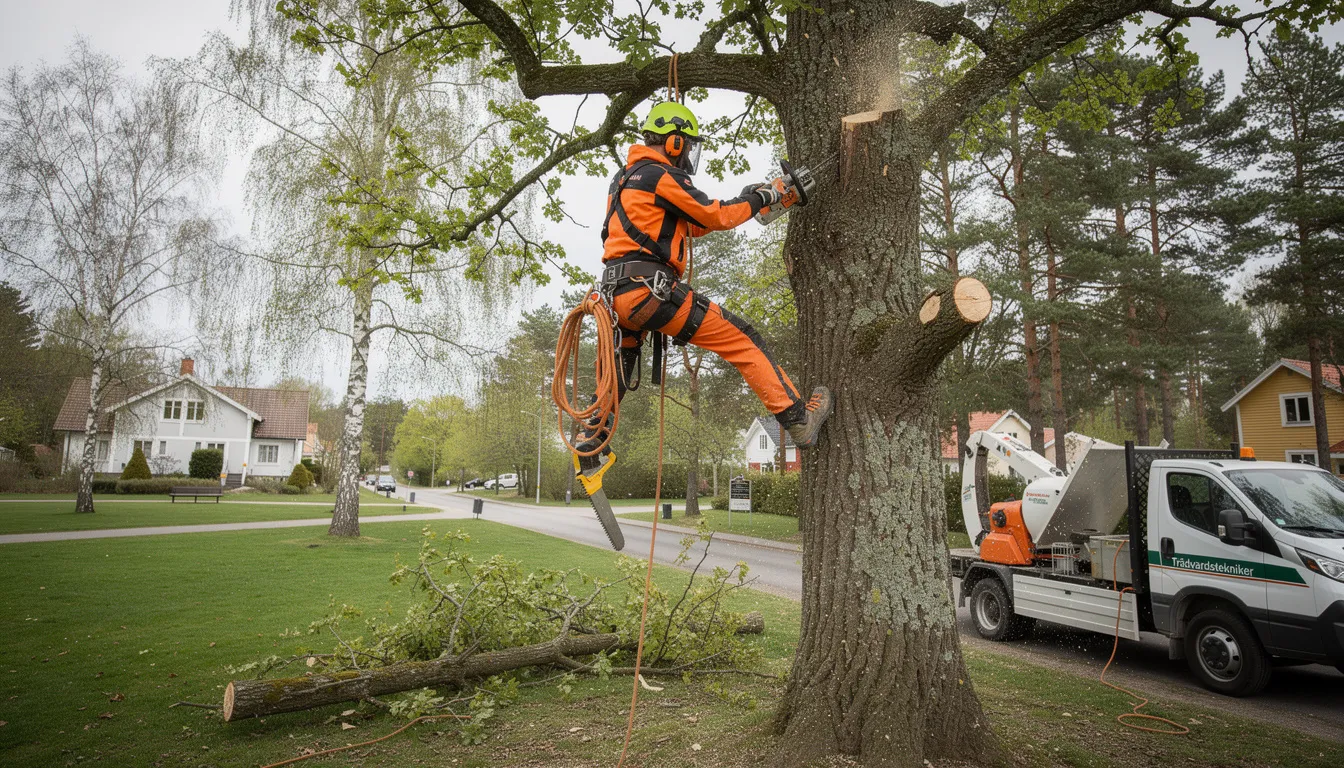 En trädvårdstekniker arbetar med träden genom att klättra högt för att fälla grenar på ett säkert sätt. Arboristen använder rätt tekniker och verktyg för att säkerställa att arbetet utförs utan att skada trädet eller omgivningen.