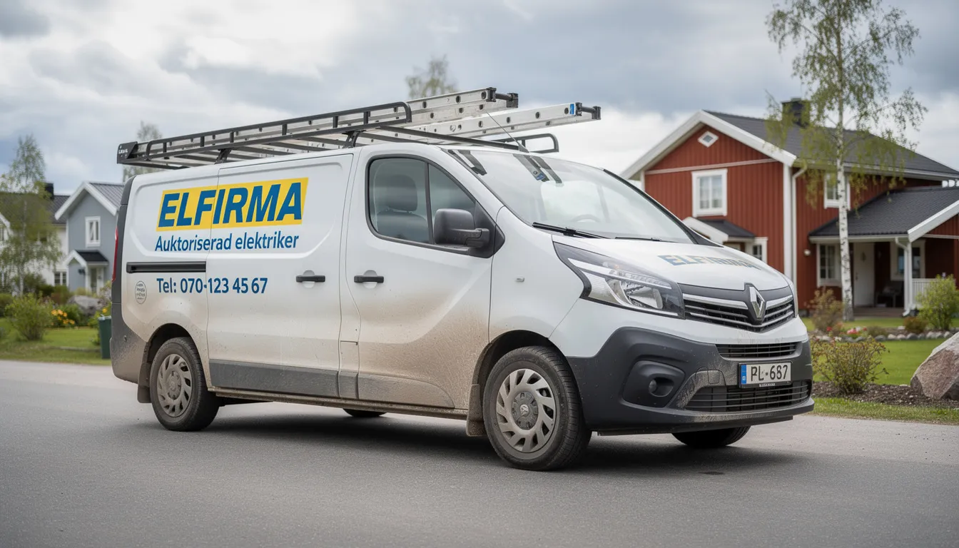 En elektriker firmabil står parkerad vid en byggarbetsplats i Sverige, med verktyg och utrustning synligt i lastutrymmet. Bilen är tydligt märkt med företagets logotyp, vilket gör det enkelt för kunder att identifiera tjänsten som erbjuds.