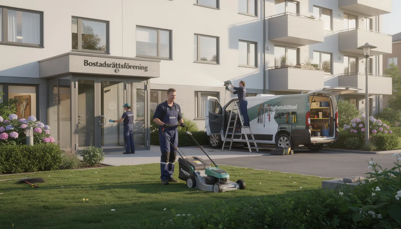 En bild som visar en fastighetsskötare som arbetar med underhåll av en bostadsrättsförening, där han kontrollerar en grönskande trädgård och ser till att allt är i ordning för boende. I bakgrunden syns flera bostadsrättshus som ger en känsla av trygghet och gemenskap.