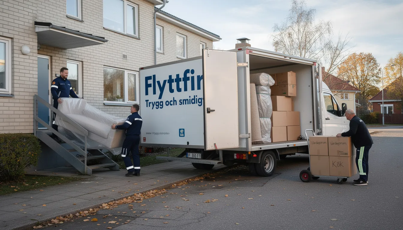 En bild som visar en professionell flyttfirma i Stockholm, där arbetare packar och lastar bohag i en flyttbil. Flyttfirman erbjuder flytthjälp och hanterar hela processen inför flytten, vilket gör det smidigt för kunder som behöver hjälp med flytt och packning.