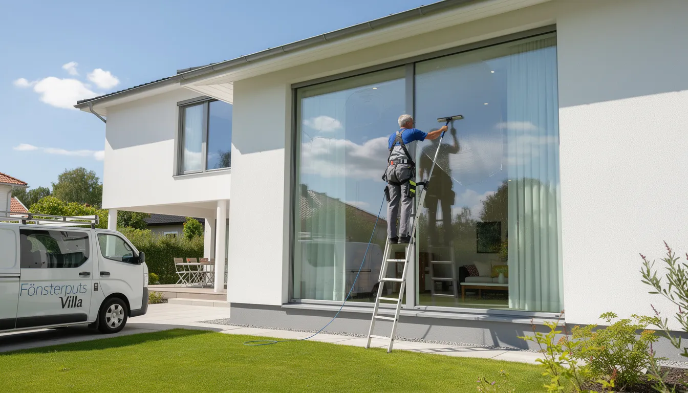 En fönsterputsare arbetar flitigt med att putsa fönstren på en villa, vilket resulterar i rena och klara fönster som släpper in mer ljus. Denna tjänst är ett bra sätt att hålla ditt hem fräscht och inbjudande året runt.