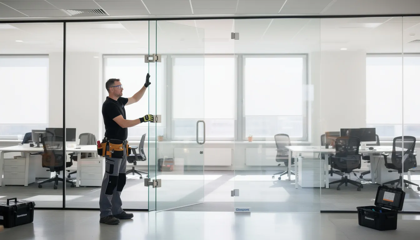 En glasmästare arbetar med att installera ett stort glasparti som släpper in mycket ljus i ett rum. Glaset är av hög kvalitet och passar perfekt i det moderna huset, vilket ger en stilren och luftig känsla.