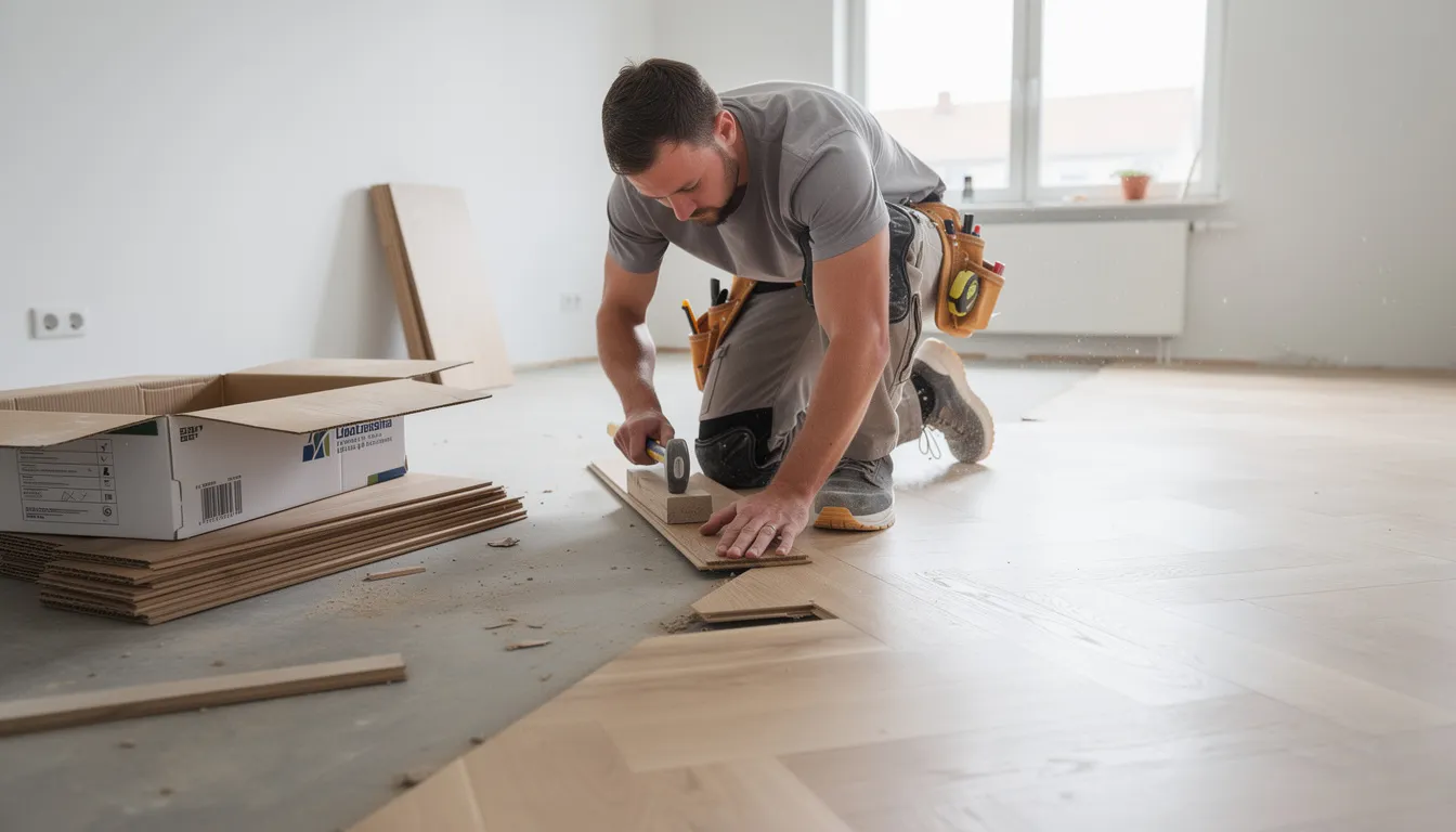 En golvläggare arbetar med att lägga nya golv av olika material, såsom parkett, linoleum och textil. I bilden kan man se en professionell som noggrant mäter och skär materialet för att skapa ett perfekt golv för kunden.