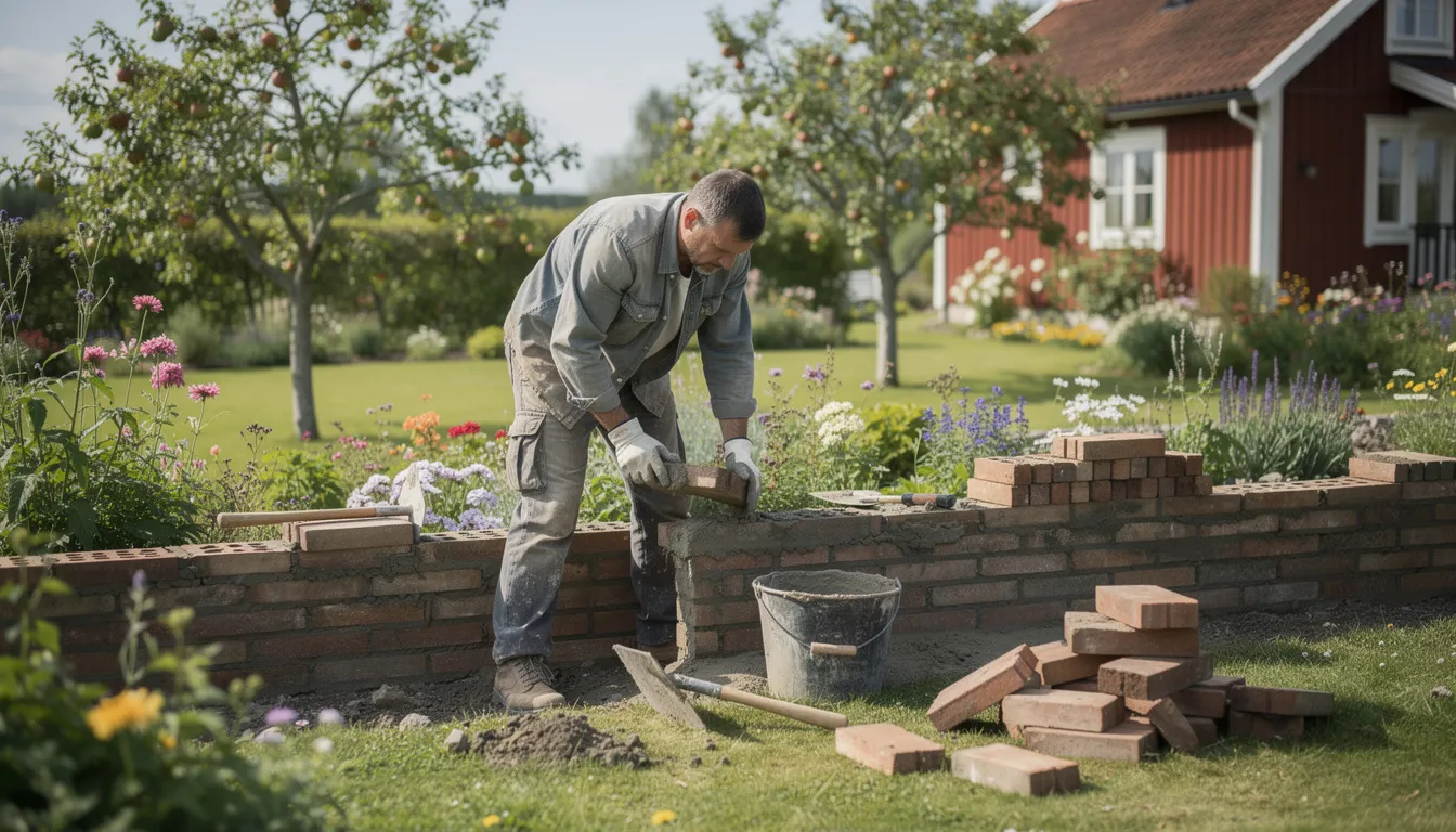 En murare arbetar i en trädgård där väggar av tegel och utsmyckningar av gips skapas. Det är ett projekt som kräver både noggrannhet och kreativitet för att uppnå ett bra resultat.