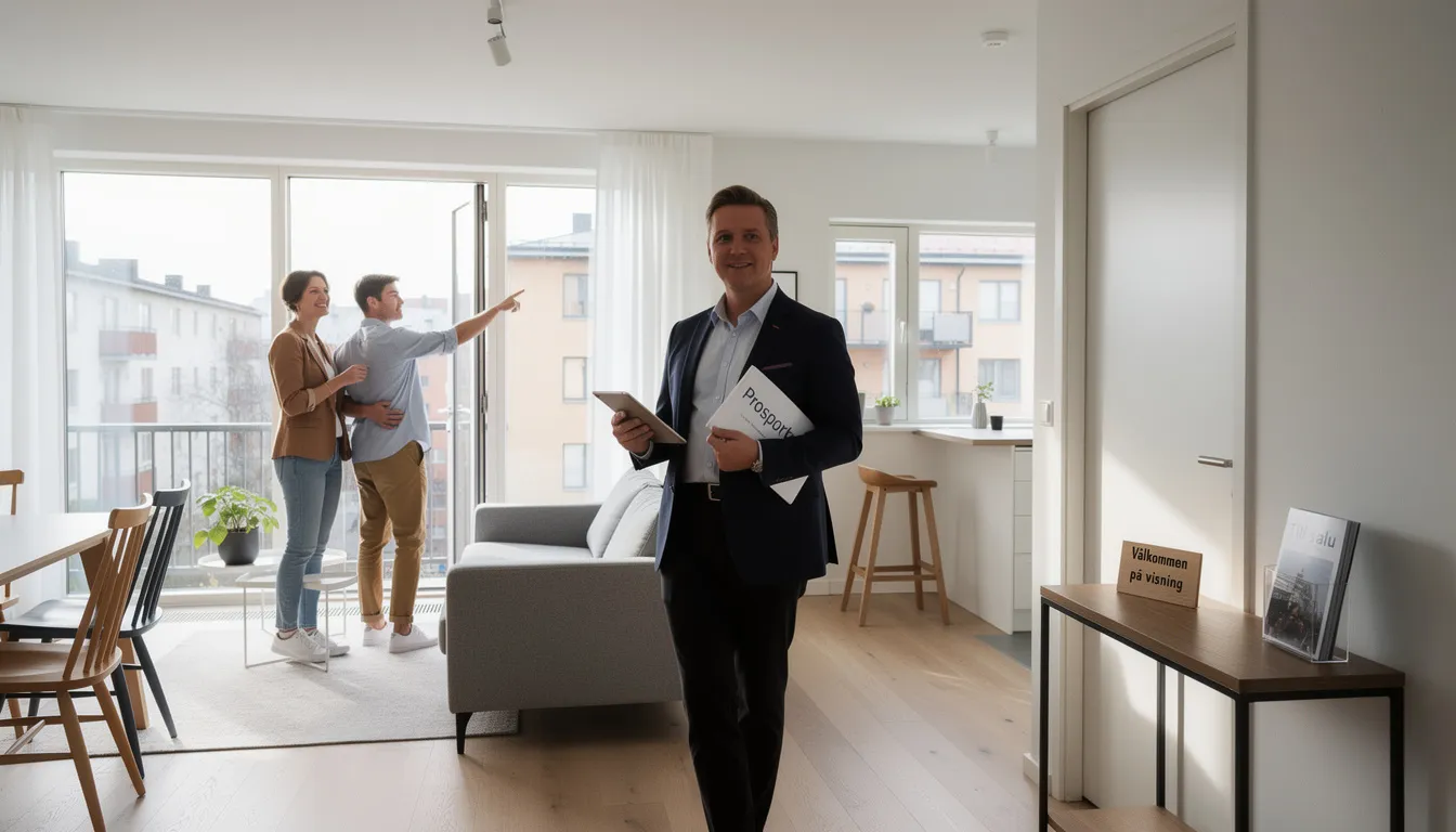 En mäklare visar en bostad för potentiella köpare, där olika rum och detaljer i hemmet presenteras. Visningen syftar till att hjälpa kunder att hitta rätt bostad och skapa en bra förståelse för bostadens värdering och villkor.