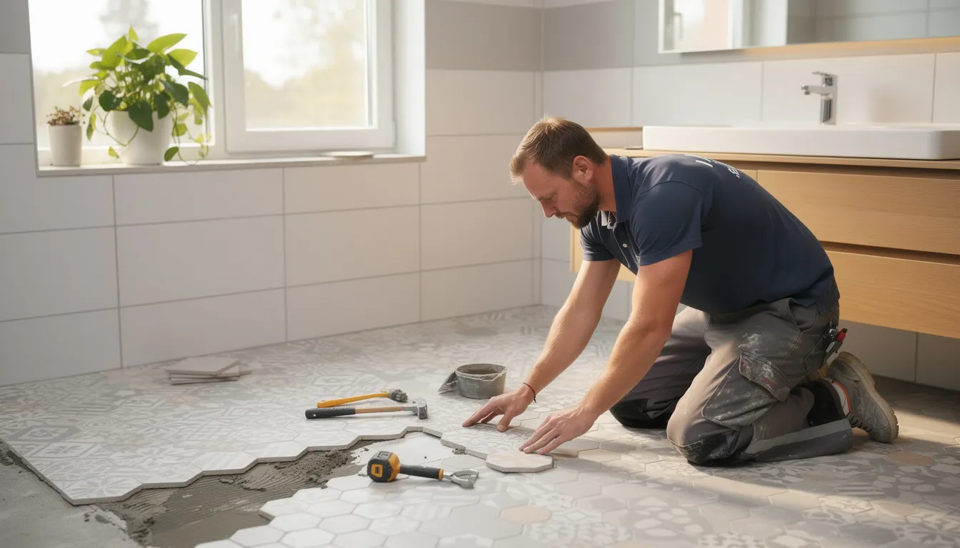 En plattsättare arbetar i en fin miljö där kakel och klinker används för att skapa eleganta ytor i badrum och kök. Bilden visar plattor i olika färger och mönster, vilket ger en känsla av stil och kvalitet i projektet.