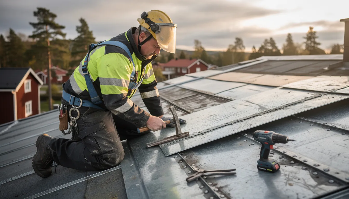 En plåtslagare arbetar med att skapa och installera tak av plåt, ofta i olika projekt som kräver både ren och oren accept. I bilden syns plåtslagaren som noggrant mäter och klipper plåten för att säkerställa att den passar kundens specifikationer och villkor.