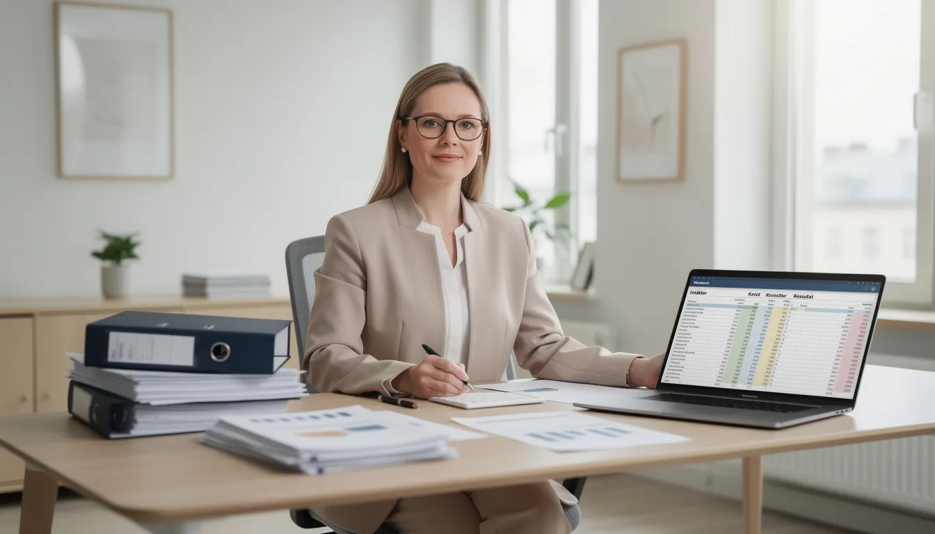 En redovisningskonsult arbetar med löpande bokföring och bokslut för företag, och erbjuder rådgivning om lagar och regler inom ekonomi. Bilden visar en professionell miljö där en redovisningskonsult använder digitala verktyg för att hjälpa sina kunder med deras ekonomiska behov.