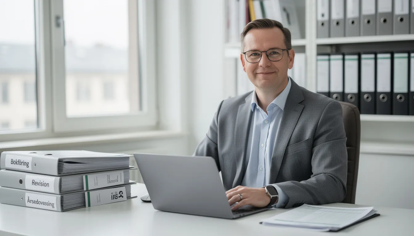 En revisor sitter vid ett skrivbord och granskar offerter för olika företag. På bordet finns papper och en dator, vilket tydligt visar att revisorn arbetar med att hjälpa kunder att förstå villkor och krav för nya uppdrag.