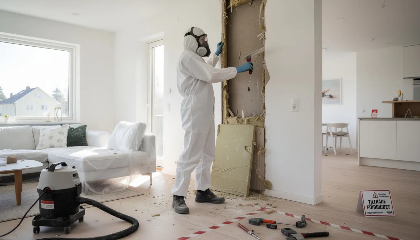 En saneringsarbetare arbetar inomhus i en villa, där denne utför saneringsarbete för att åtgärda oren accept av skador. Arbetet är viktigt för att säkerställa en ren accept och skapa en trygg miljö för kunden.