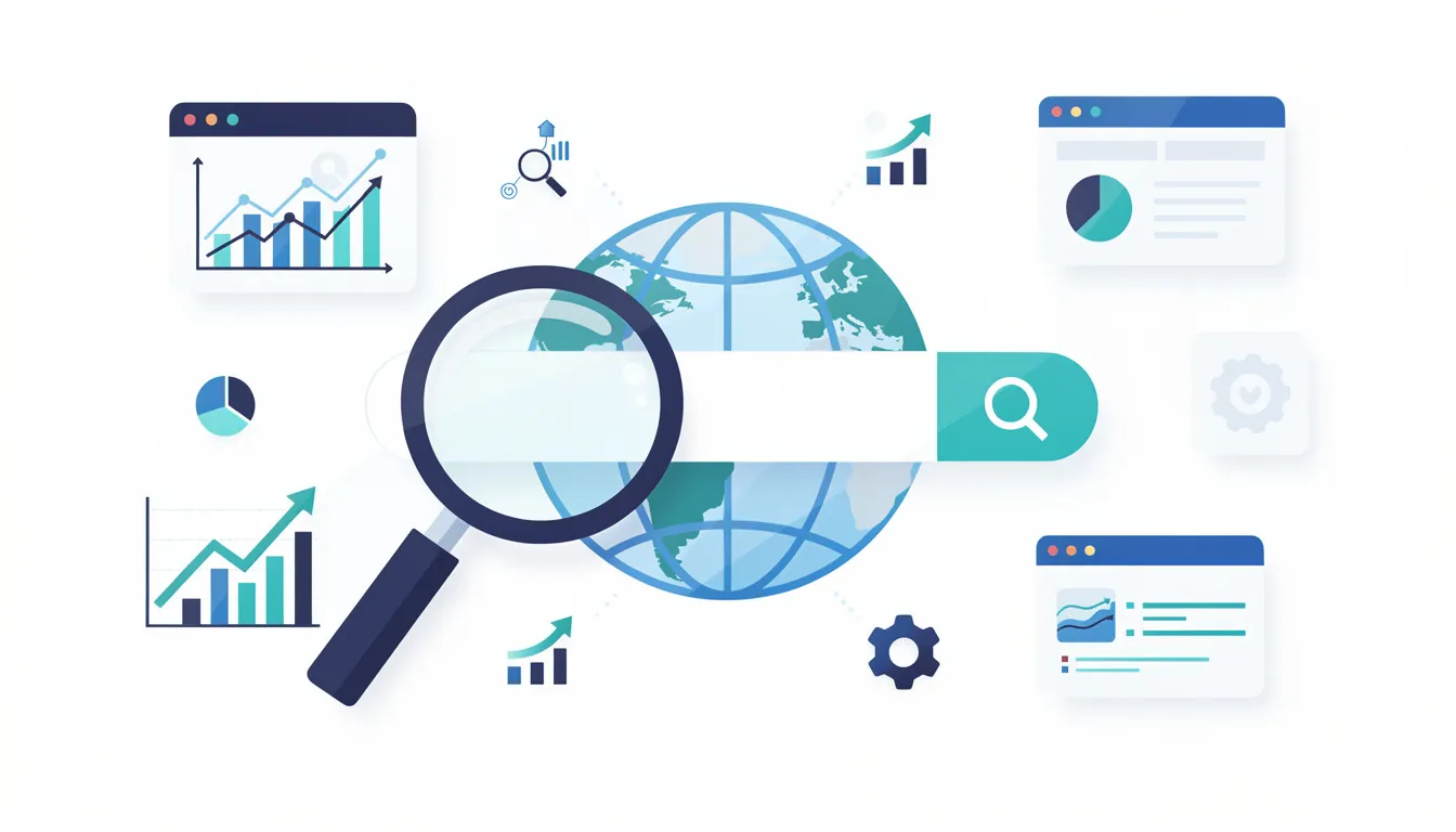 En grafisk bild som representerar SEO-tjänster, med symboler som illustrerar hur företag kan förbättra sin webbplats och hemsida för att nå fler kunder. Bilden visar olika verktyg och strategier som hjälper verksamheter att öka sin synlighet online.