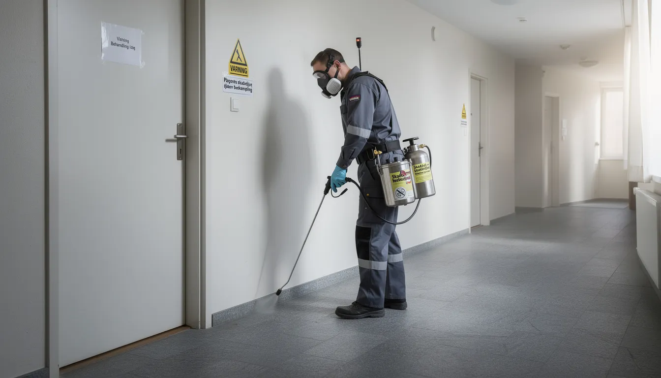 En bild som visar en skadedjursbekämpare som diskuterar en offert med en kund. Offerten innehåller detaljer om tjänsten, priser och betalningsvillkor för skadedjursbekämpning, vilket ger kunden en tydlig översikt över erbjudandet.