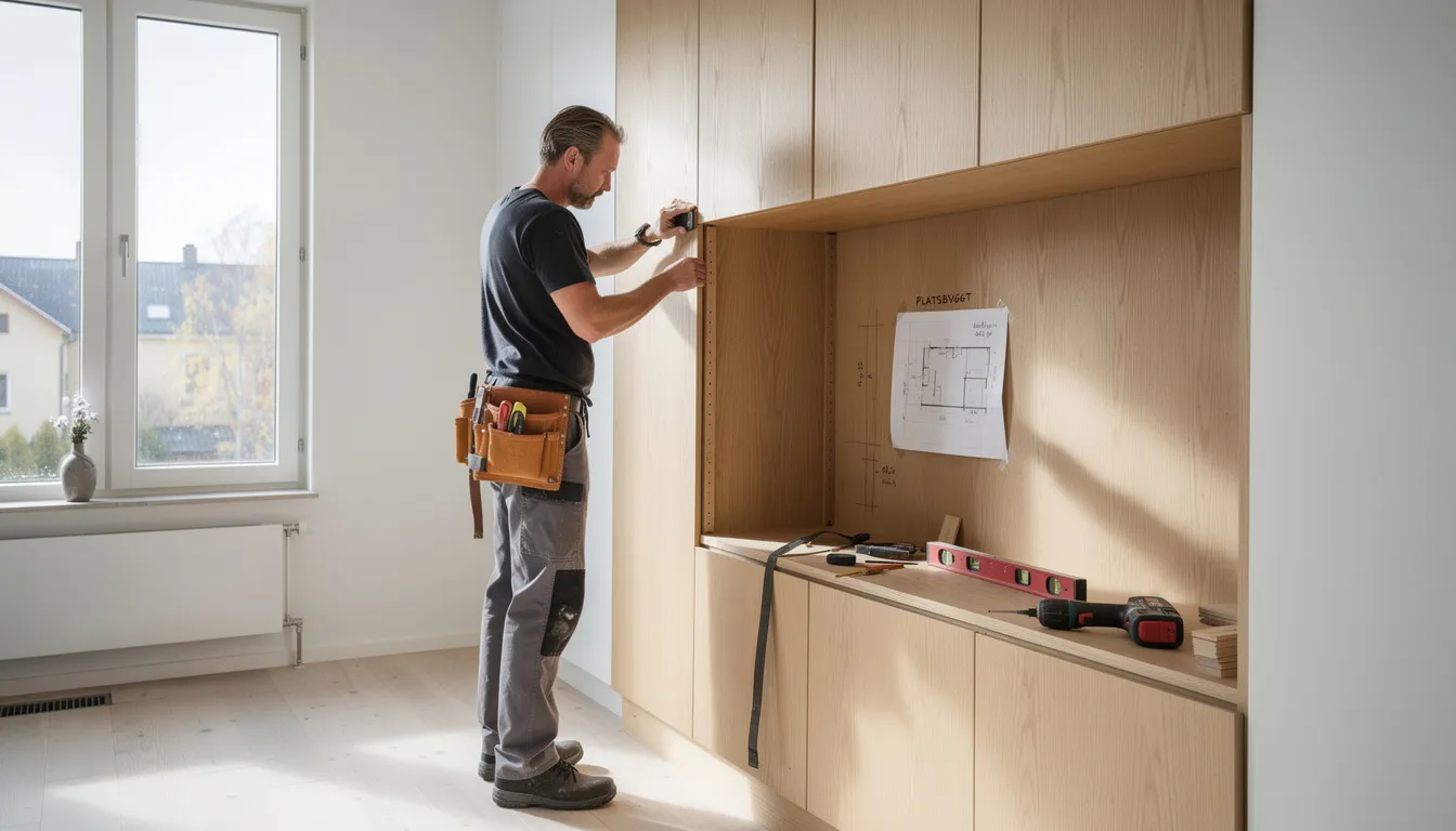 En snickare arbetar med att skapa platsbyggda möbler och lösningar, ofta i samarbete med kunder för att uppfylla deras specifika krav och behov. Bilden visar en finsnickare som noggrant mäter och planerar sitt projekt innan arbetet påbörjas.