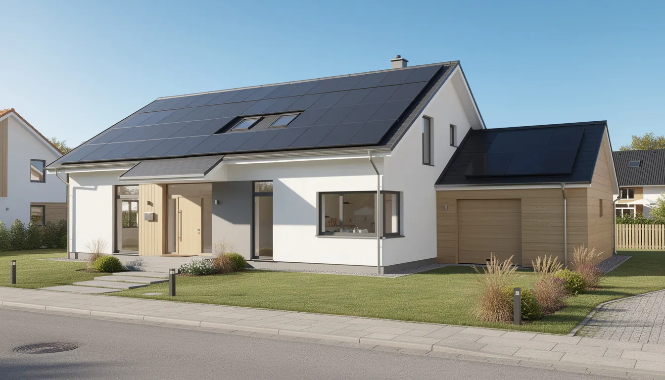 En villa med solceller installerade på taket, som producerar energi för att minska elräkningen. Solcellsanläggningen är en del av en modern och hållbar livsstil, där många söker svar på vanliga frågor om kostnader och effektivitet.