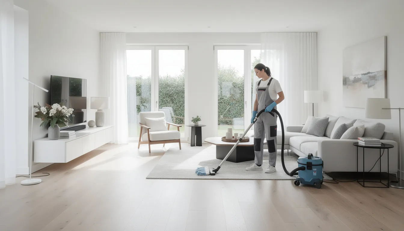 En städare arbetar i en fin villa, där hen noggrant städar hemmet för att skapa en ren och trivsam miljö för kunderna. Städningen omfattar olika rum, inklusive kök och vardagsrum, och utförs med fokus på kvalitet och nöjdhet.