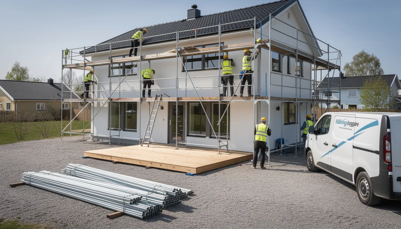 En ställningsbyggare arbetar med att skapa byggnadsställningar för villor, vilket är en viktig del av byggprojekt. Bilden visar en ställning som används för att underlätta arbetet på en villa, där olika yrkesgrupper samarbetar för att säkerställa att alla krav och villkor uppfylls.
