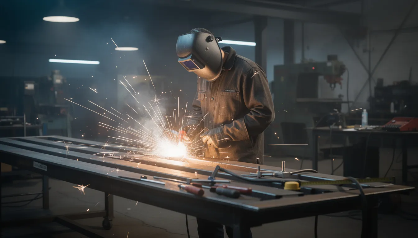 En svetsare arbetar med att sammanfoga metaller genom svetsning, ofta i en industriell miljö. I bilden syns svetsaren i aktion, omgiven av olika verktyg och utrustning som behövs för att skapa starka och hållbara fogar.