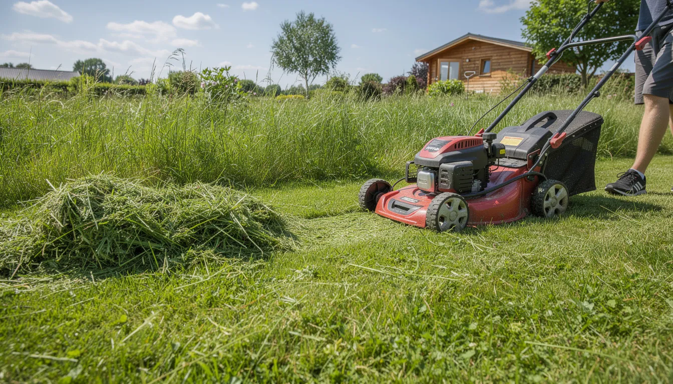 En trädgårdsmästare klipper gräset i en välskött trädgård, omgiven av blommor och buskar. Gräsklipparen ger en ren och snygg finish, vilket skapar en trevlig utomhusmiljö för kunderna.