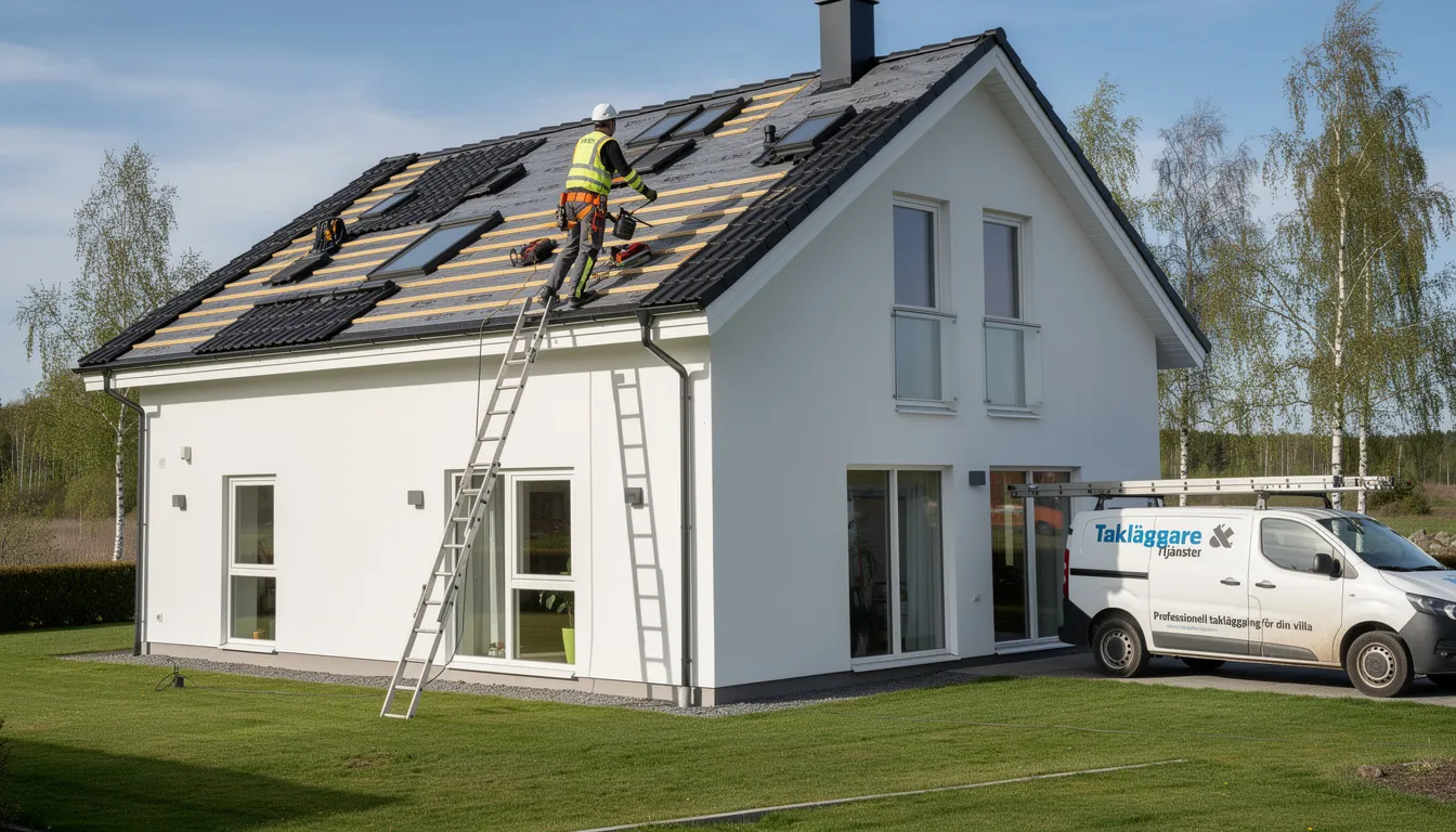 En takläggare arbetar på taket av en villa i Stockholm, där han installerar nya takmaterial. I bakgrunden syns en klar blå himmel och omgivande träd, vilket ger en lugn atmosfär till arbetet.