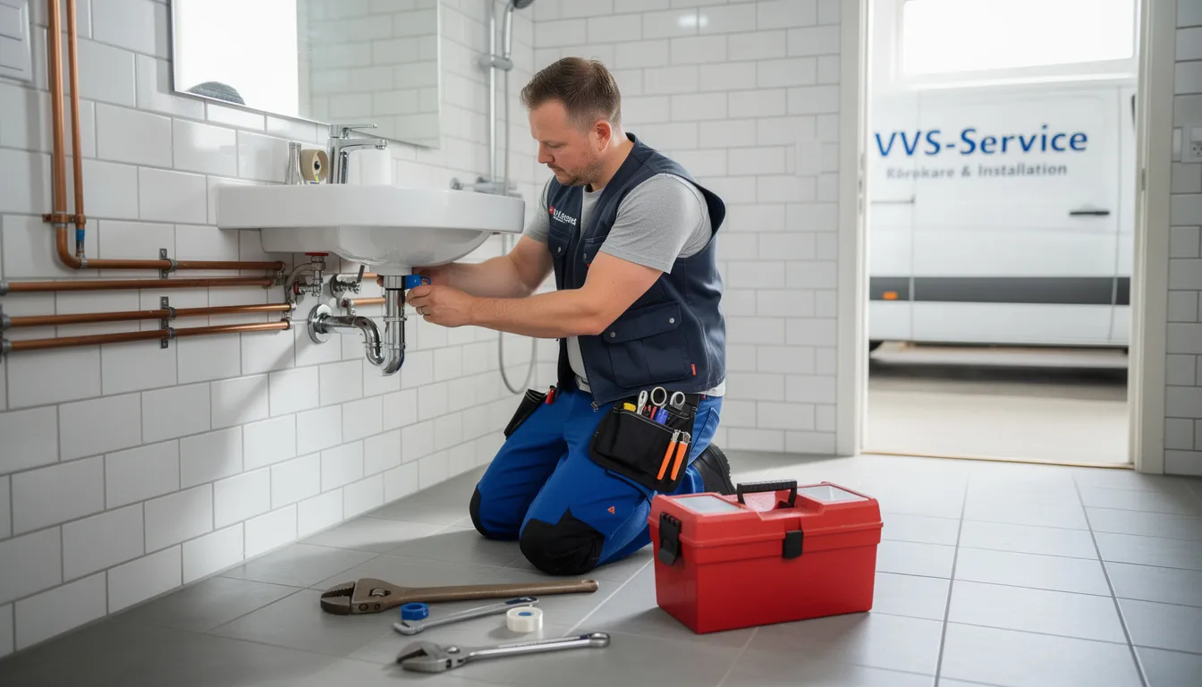 En rörmokare arbetar med installation och reparation av VVS-system, där vatten och ventilation är centrala komponenter. Bilden visar en professionell rörmokare som noggrant utför sitt arbete, vilket är viktigt för att säkerställa att allt fungerar korrekt och säkert för kunderna.