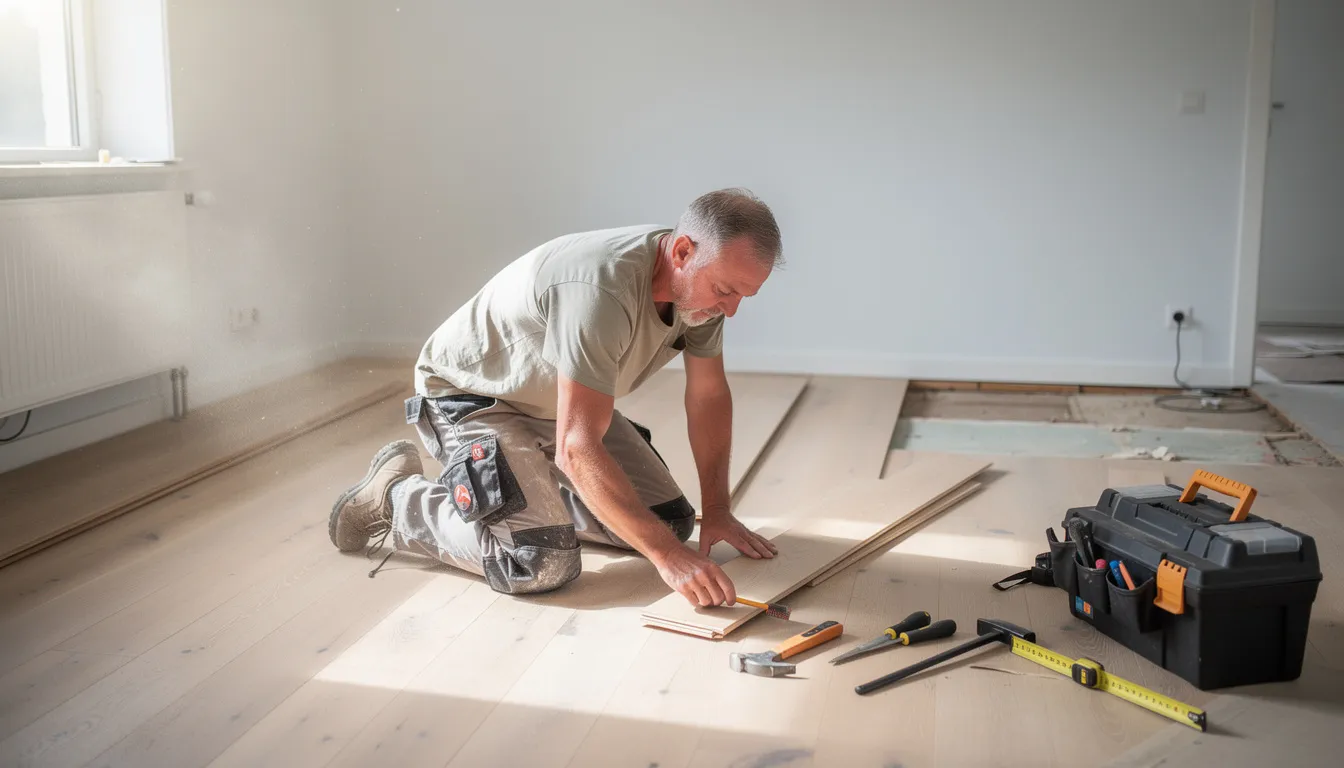 En hantverkare arbetar med renovering i ett hem, omgiven av byggmaterial och verktyg. Denna bild visar en professionell hantverkare som hjälper kunder att skapa en bättre miljö i sina hem.