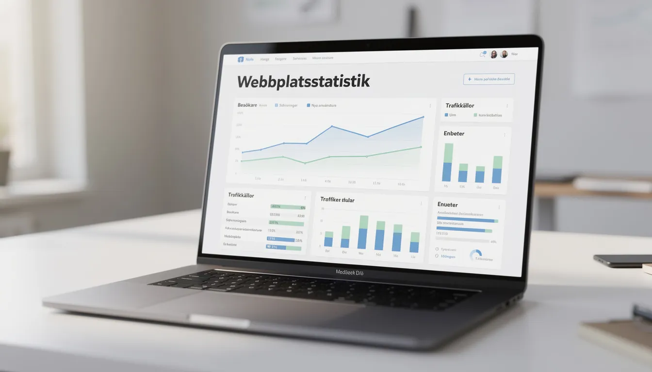 En laptop står på ett skrivbord och visar detaljerade statistikdiagram över webbplatsbesökare, vilket ger insikter om hur många potentiella kunder som har besökt hemsidan för ditt företag. Denna information är viktig för att förstå besökarbeteende och optimera företagets digitala närvaro.