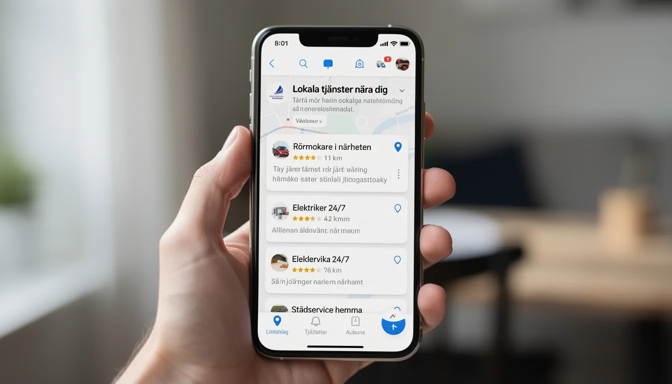 En smartphone visar sökresultat för lokala tjänster, vilket hjälper företag att nå potentiella kunder. Genom att skapa en hemsida kan verksamheter effektivt synas dygnet runt och locka nya besökare.