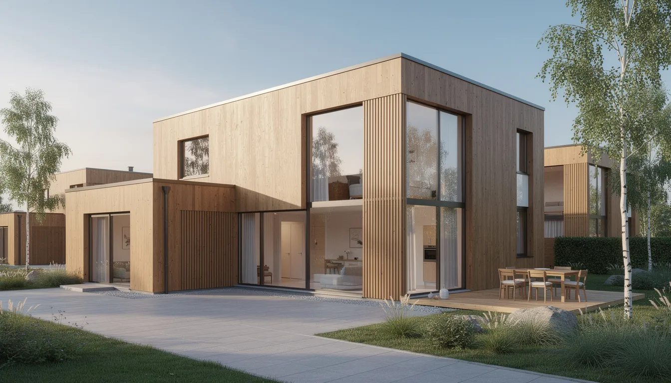 En modern byggnad med träpanel och stora fönsterpartier i skandinavisk stil, som visar exempel på hur hantverkare i Älmhult arbetar med kvalitet och design. Byggprojektet representerar en bra service och kompetens inom byggbranschen.