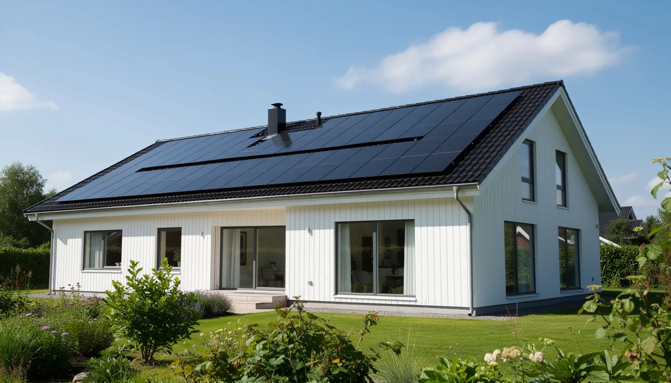 Bildbeskrivning: Solcellspaneler är installerade på taket av en skandinavisk villa under en klar blå himmel, vilket visar på en modern och hållbar bygglösning. Denna installation exemplifierar hur företag som Elmiers Bygg arbetar för att hjälpa kunder med energieffektiva lösningar.