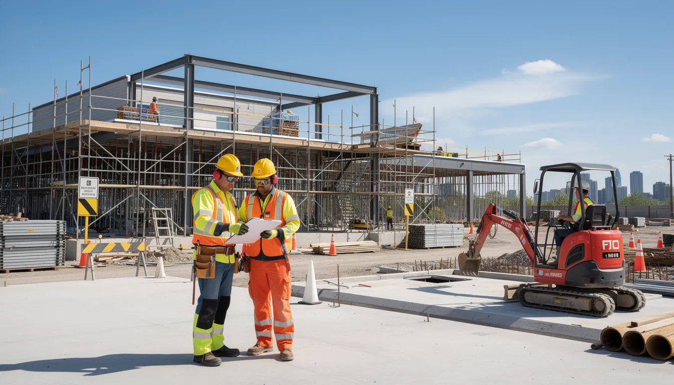 En professionell byggarbetsplats i Älmhult där hantverkare arbetar i skyddsutrustning. Arbetarna utför olika byggtjänster och renoveringar, vilket visar på deras kompetens och engagemang för kvalitet.