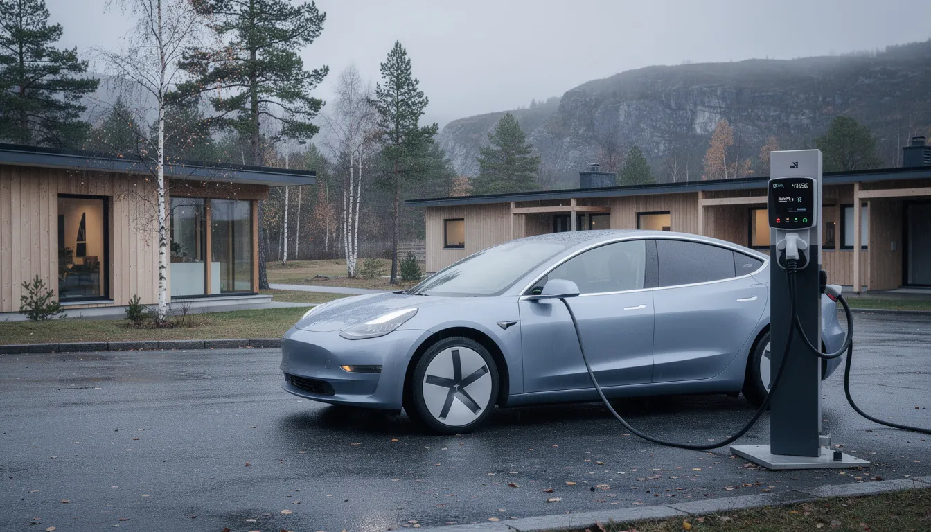En elbil laddas vid en laddstation utomhus i en vacker skandinavisk miljö, omgiven av grönska och träd. Denna scen visar hur företag som Elmiers Bygg arbetar för att främja hållbarhet och bra service genom att erbjuda laddningslösningar för elbilar.