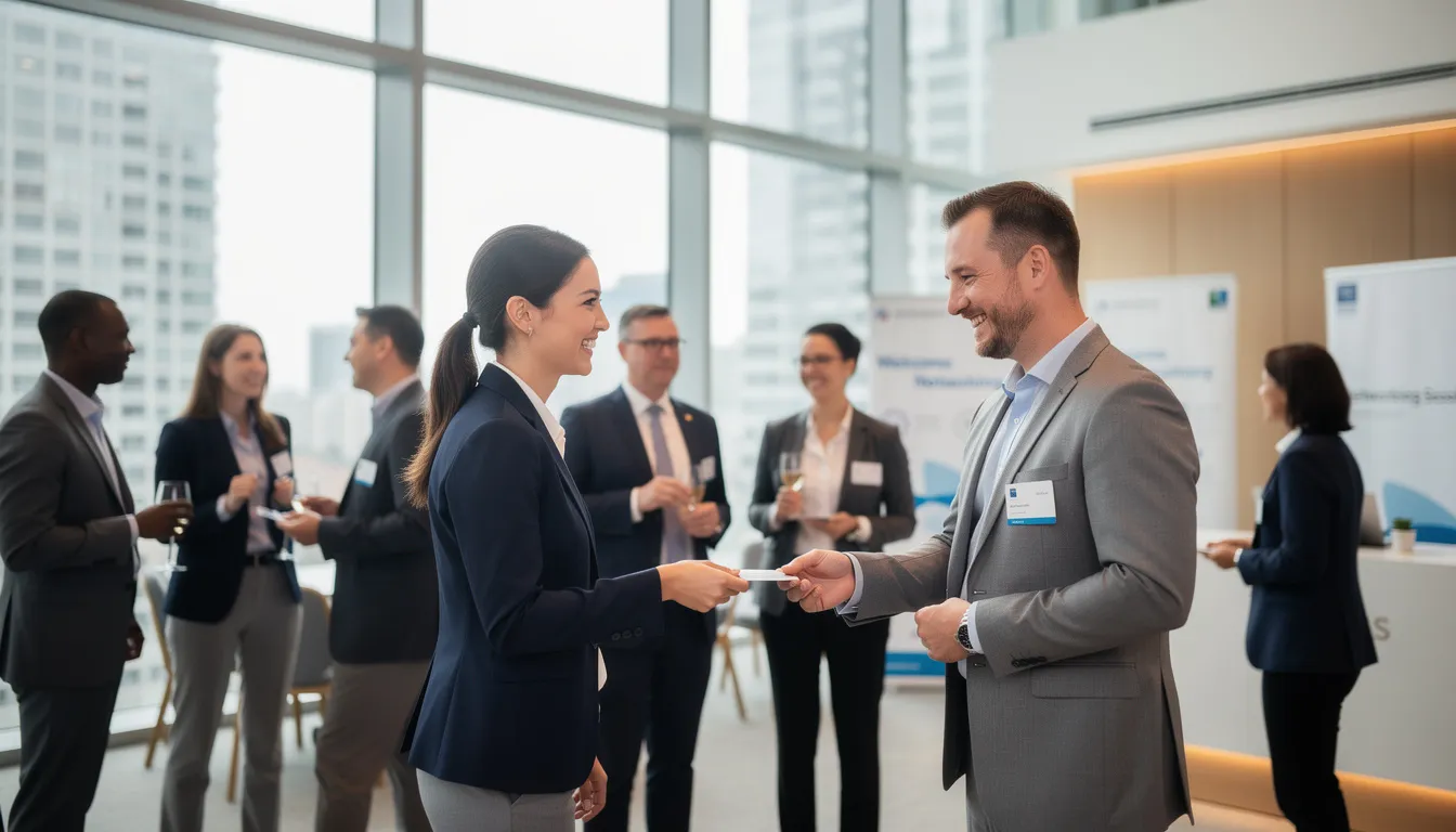 En grupp professionella personer deltar i ett affärsnätverksevent där de byter visitkort i en modern konferensmiljö. Här finns många möjligheter att hitta nya kunder till ditt företag och skapa direkt kontakt för att generera leads.