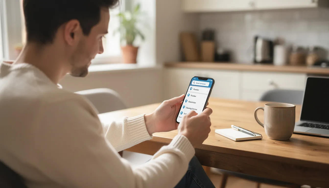 En person sitter vid ett köksbord och använder sin smartphone för att söka efter lokala tjänster. Denna aktivitet kan hjälpa dem att hitta nya kunder till sitt företag genom att få direkt kontakt med olika tjänster i området.