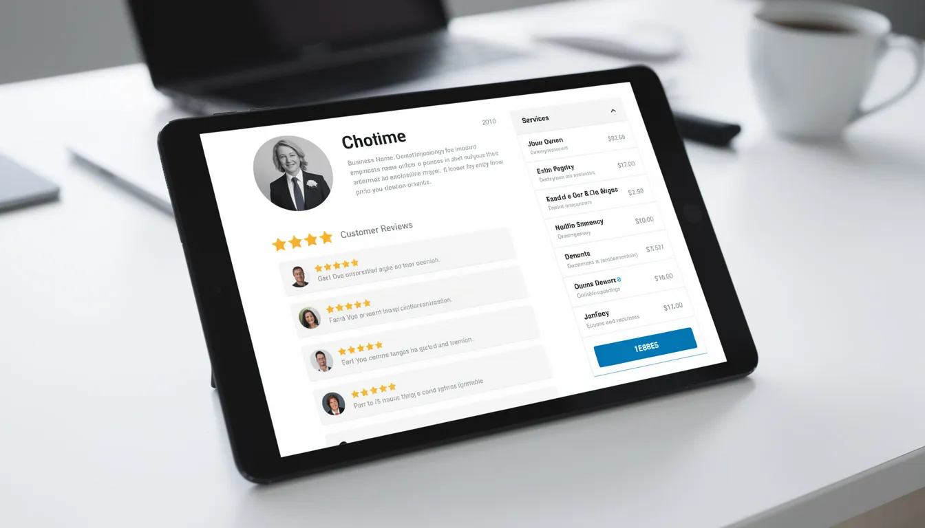 En modern surfplatta visar en professionell affärsprofil med kundrecensioner och tjänstelistor, vilket hjälper företag att hitta nya kunder och generera leads. Informationen är lättillgänglig och ger en översikt över de tjänster som erbjuds direkt på sidan.