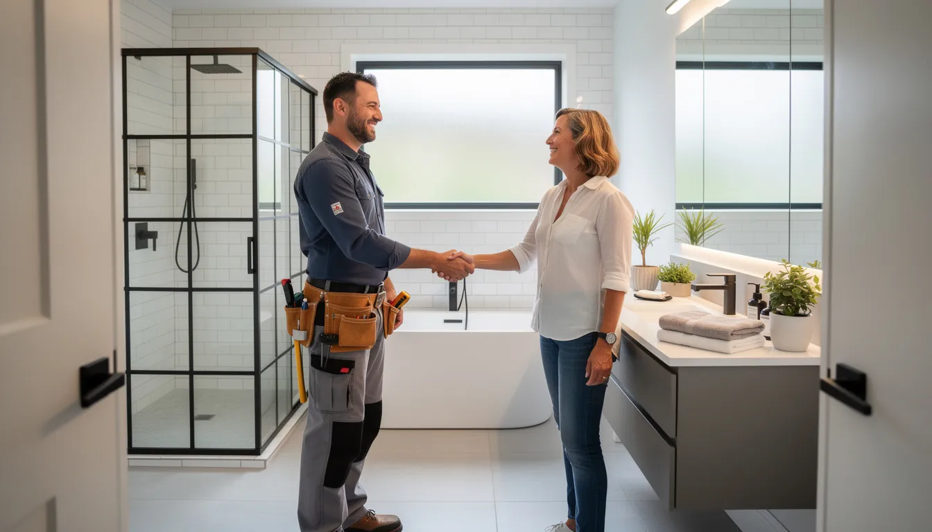 En leende entreprenör skakar hand med en husägare framför ett nyligen renoverat badrum, vilket visar på framgångsrika tjänster och nöjda kunder. Denna bild kan inspirera andra företag att hitta nya kunder och skapa kontakt genom att visa upp sina resultat.