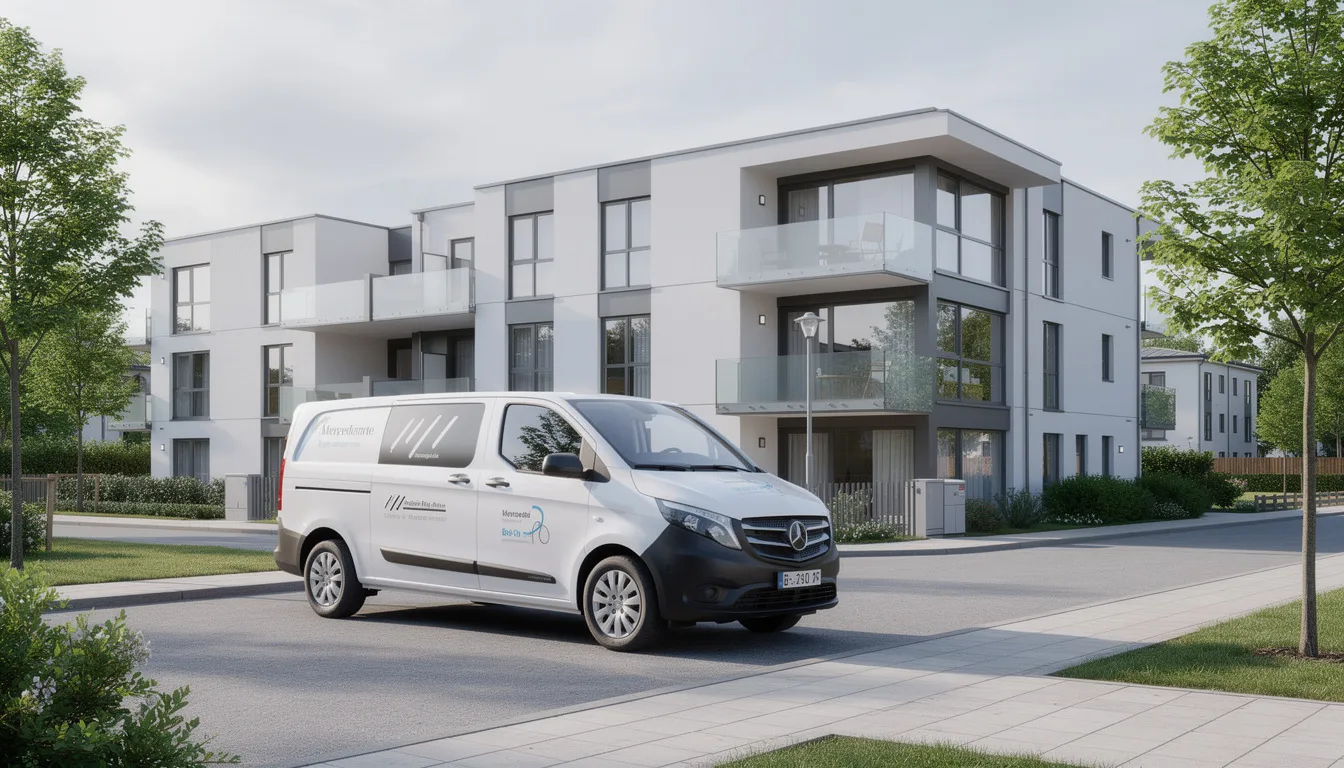 En vit firmabil är parkerad utanför ett modernt flerfamiljshus, vilket signalerar att städfirman erbjuder sina tjänster för hemstädning och andra städtjänster i området. Den skinande bilen representerar kvalitet och professionalism, vilket kan hjälpa företaget att hitta nya kunder.