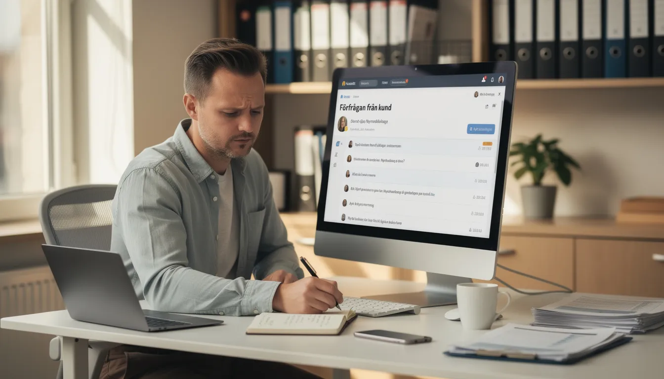En företagare sitter vid sin dator och går igenom förfrågningar för städtjänster, med fokus på att hitta nya kunder till sin städfirma. Bilden visar en engagerad person som arbetar för att förbättra sin verksamhet och erbjuda bästa möjliga service inom hemstädning och kontorsstädning.