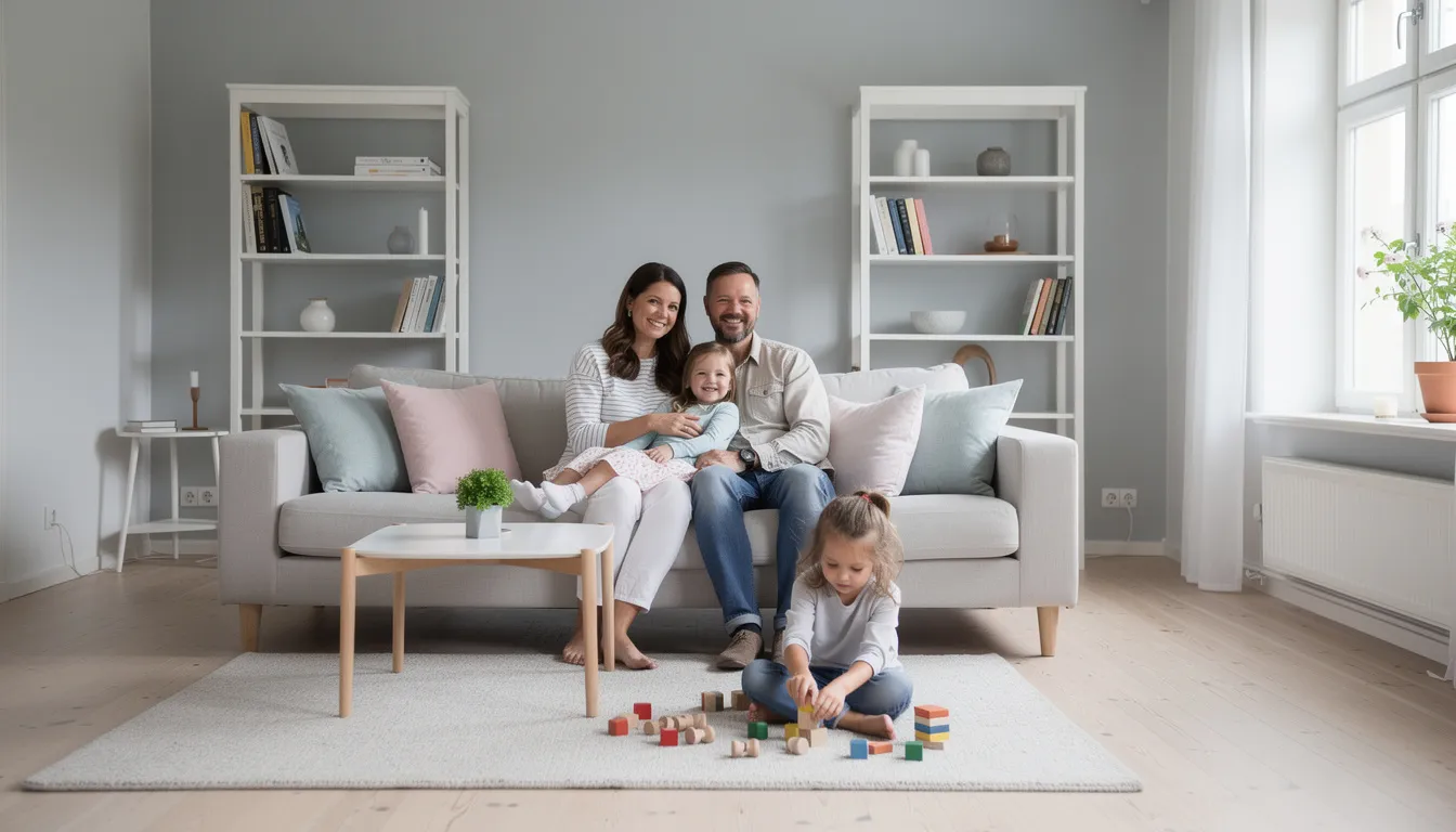 En nöjd familj sitter tillsammans i ett rent och ljust vardagsrum, vilket visar resultatet av professionell städning. Deras glädje speglar hur en städfirma kan hjälpa till att skapa en trivsam och skinande miljö i hemmet.