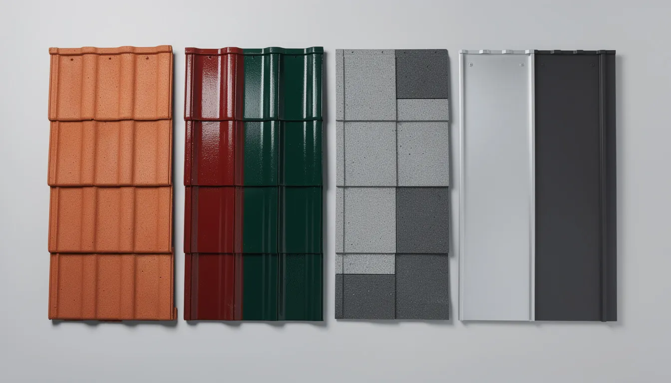 Bilden visar olika takpannor i varierande material och färger, som ligger upplagda bredvid varandra. Dessa takpannor kan påverka kostnaden för att byta tak beroende på typ av tak och materialval.