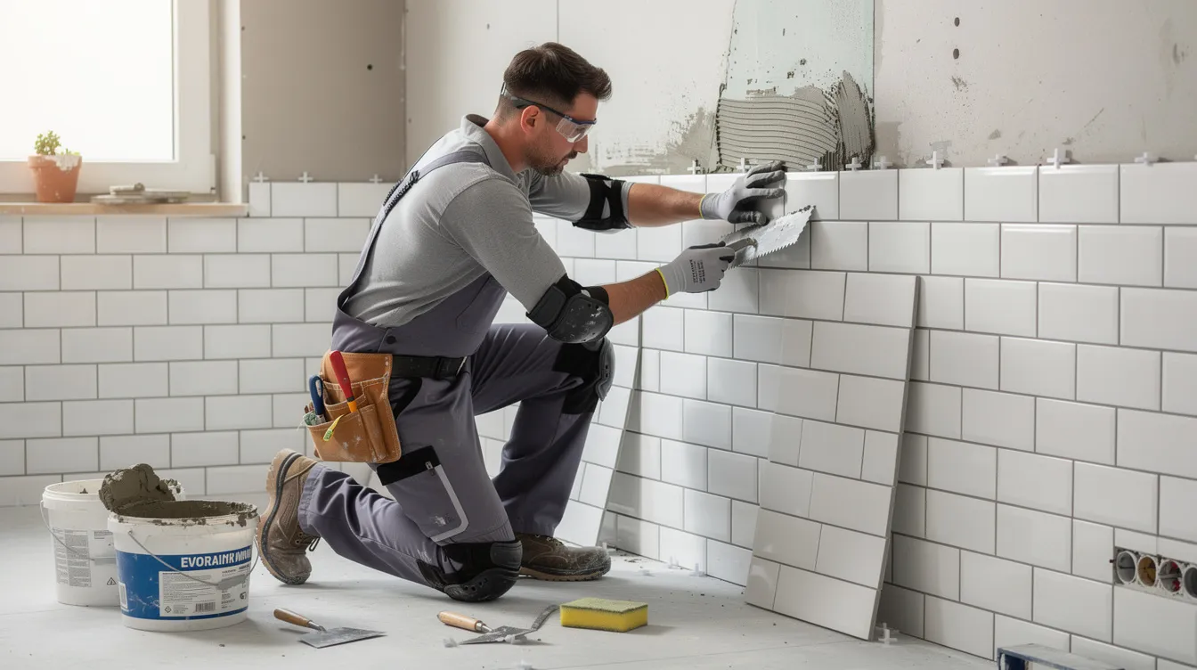 En professionell hantverkare installerar kakel på väggen i ett badrum under en badrumsrenovering. Arbetet med att sätta kakel kräver noggrannhet och tar ofta en hel del tid för att säkerställa ett bra resultat.