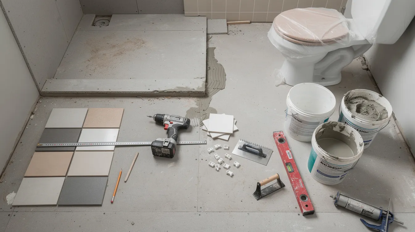 En bild som visar olika verktyg och material för badrumsrenovering spridda över golvet, inklusive kakel, klinker och andra nödvändigheter för att renovera badrummet. Dessa material är viktiga för att skapa det nya badrummet och förbereda väggar och golv för renoveringen.