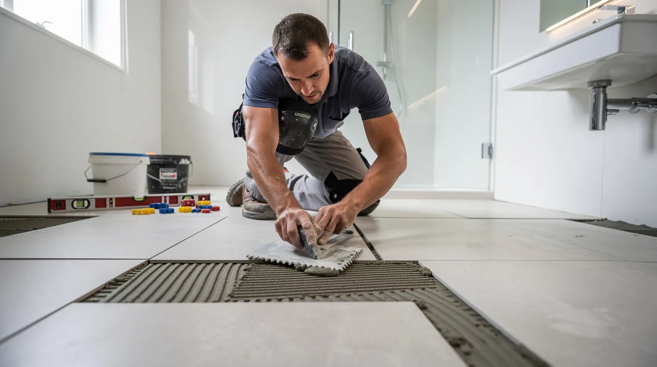 En professionell kakelsättare arbetar med att lägga kakel på golvet i ett badrum under en renovering. Bilden visar hantverkaren som noggrant placerar plattorna, vilket är en viktig del av att renovera badrummet för att skapa en ny och fräsch inredning.