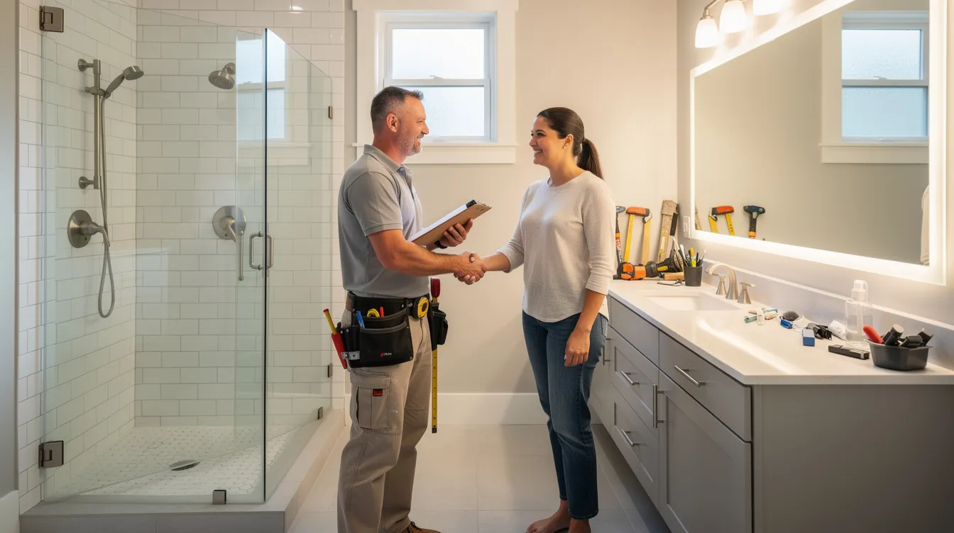 En hantverkare och en husägare skakar hand i ett badrum, vilket symboliserar början på en badrumsrenovering. I bakgrunden syns väggar och golv som är redo för kakel och klinker, vilket antyder att de ska renovera badrummet tillsammans.