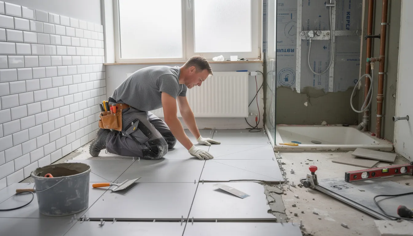 Bild: En hantverkare arbetar med att renovera ett badrum, där han installerar nya element och gör reparationer. Genom att anlita detta företag kan kunden få rotavdrag som ger skattereduktion på 30 procent av arbetskostnaden.