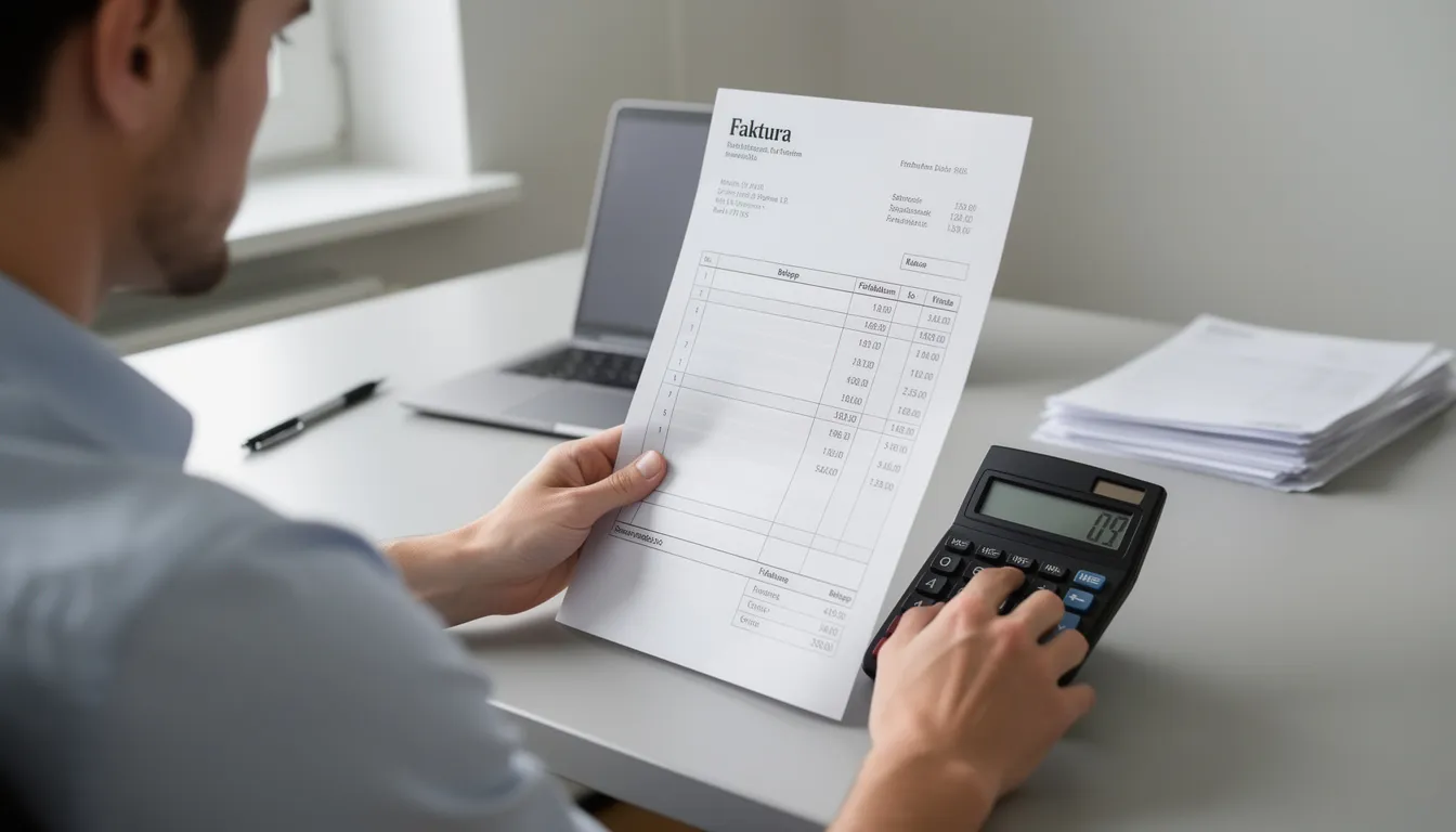 Bild: En person sitter vid ett bord och granskar en faktura med en miniräknare i handen. På fakturan kan man se kostnader relaterade till hushållsnära tjänster, vilket kan ge rätt till rot och rutavdrag, där avdraget kan vara upp till 30 procent av arbetskostnaden.