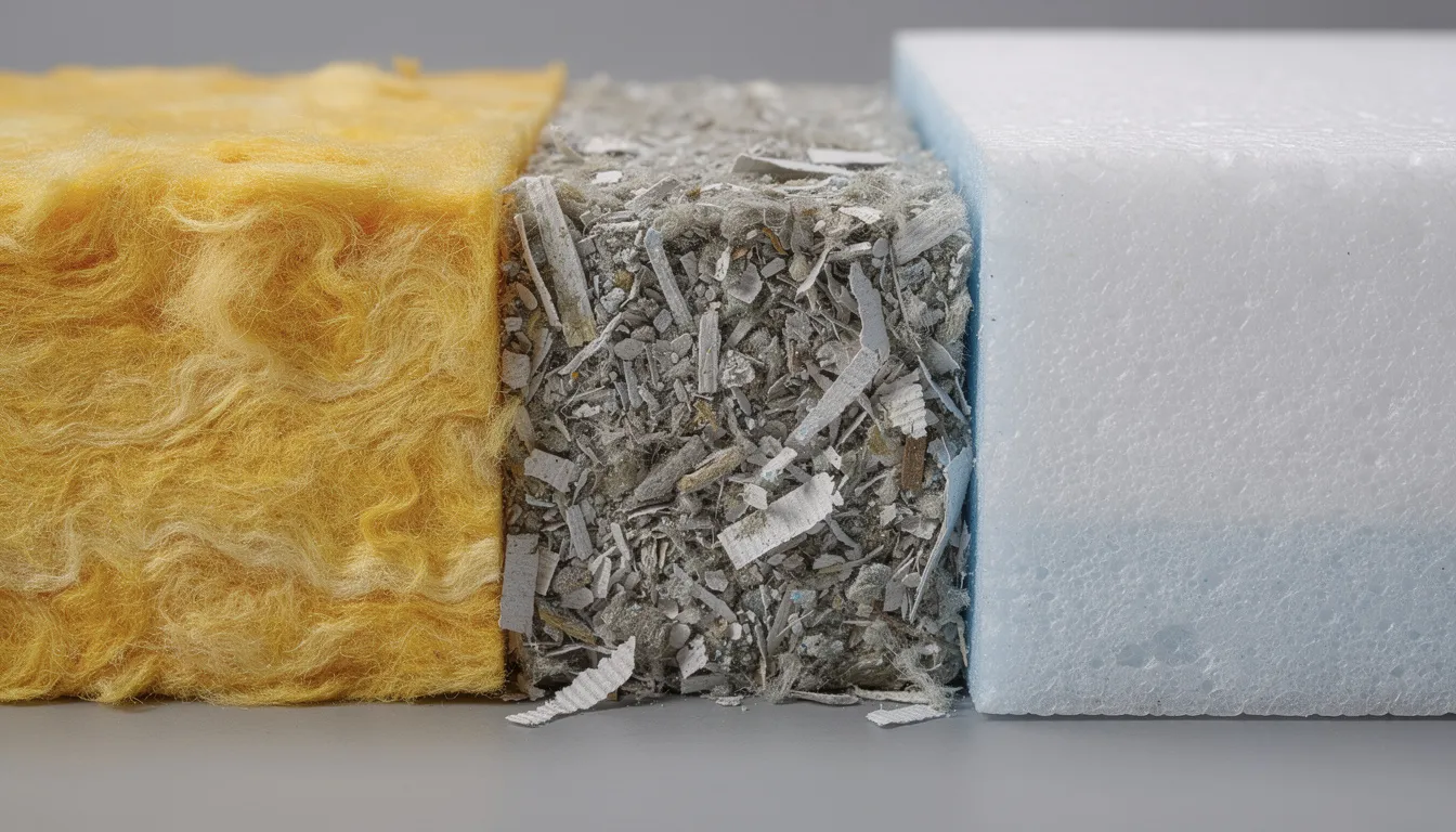 Närbild av tre olika isoleringsmaterial: mineralull, cellulosa och skumplast, som ligger sida vid sida. Dessa material används för att tilläggsisolera vinden och förbättra isoleringen i hus, vilket kan spara energi och minska kostnaderna för uppvärmning.