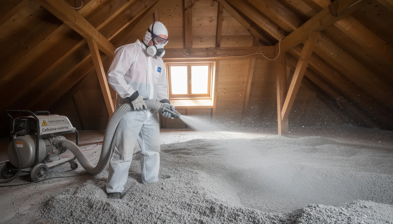 En hantverkare i skyddsutrustning arbetar med att blåsa in cellulosa-isolering på en vind.