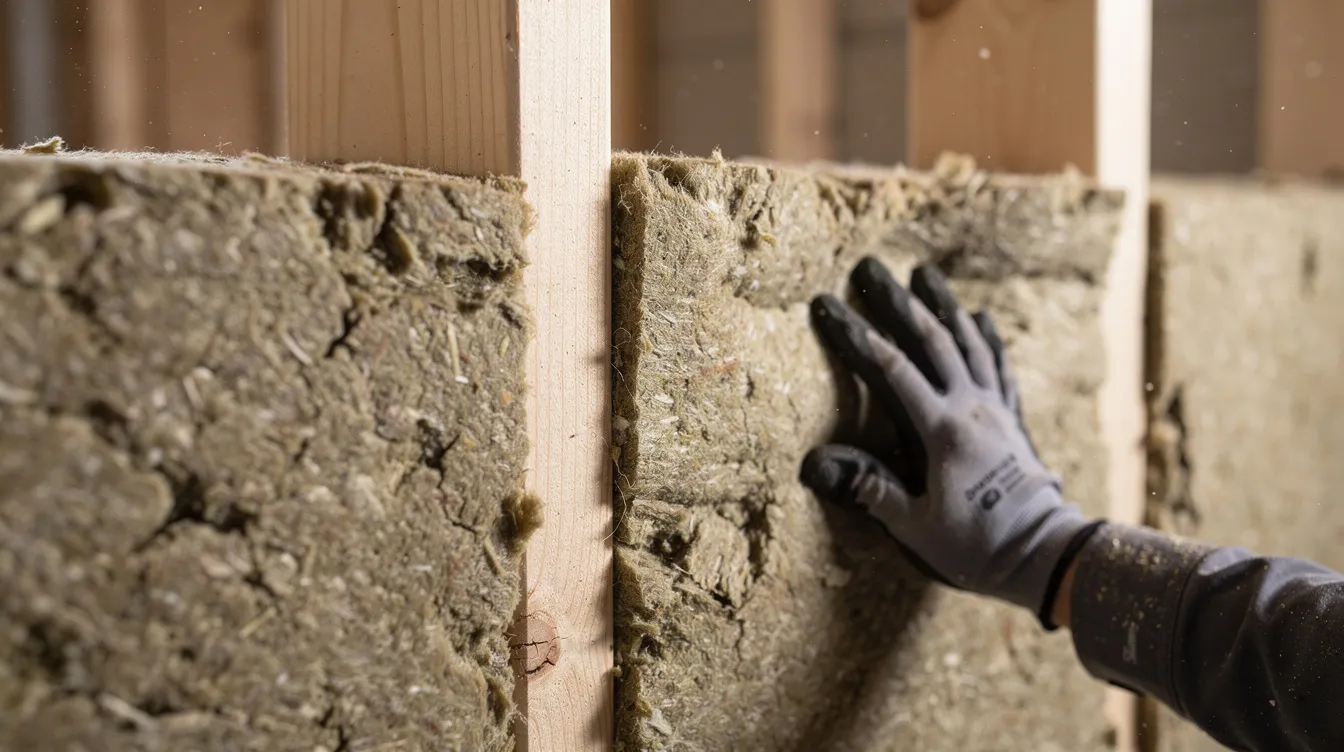 En närbild visar tjock isolering som monteras mellan träreglar i en vägg, vilket är ett viktigt steg för att isolera inifrån och förhindra fukt från att tränga in i huset. Isoleringen ska placeras noggrant för att säkerställa att ytterväggarna blir mer energieffektiva och skyddade mot kallare luft.