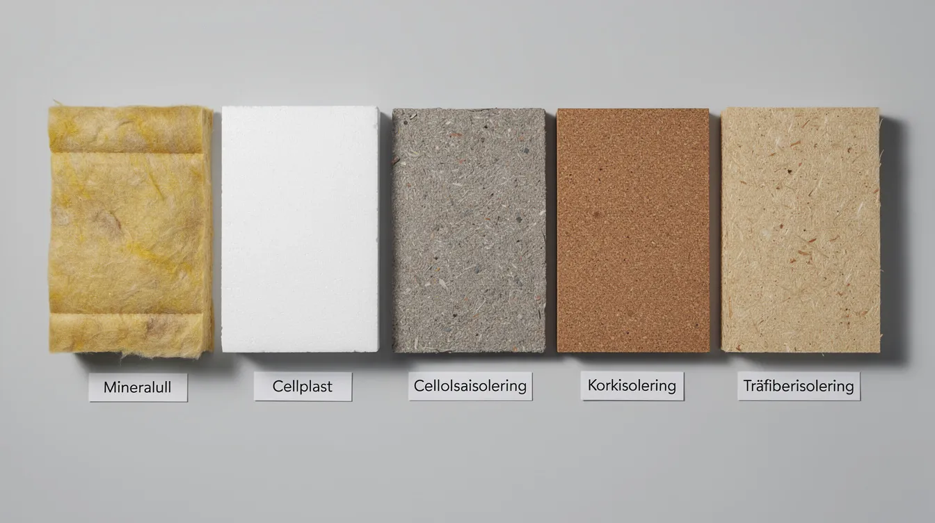 Bilden visar olika isoleringsmaterial som är utlagda bredvid varandra för att jämföras, vilket ger en tydlig översikt över deras tjocklek och egenskaper. Dessa material är viktiga för att isolera ytterväggar och förhindra fukt från att tränga in i väggen, vilket är avgörande innan du börjar med isoleringen.